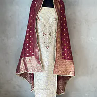 PURE ZARI SILK SUIT SET WITH HANDWORK - Off White
