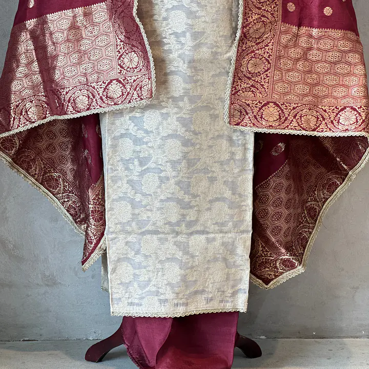 PURE ZARI SILK SUIT SET WITH HANDWORK - Golden