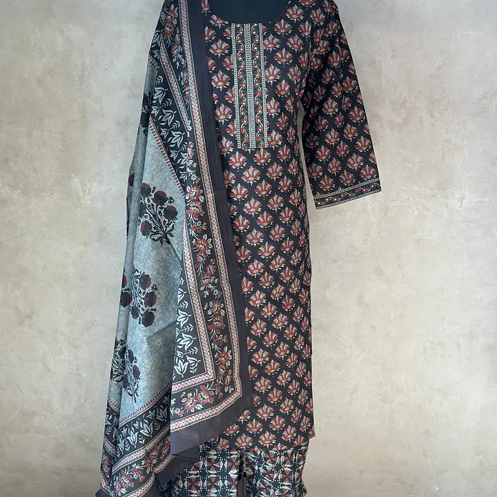 COTTON SUIT SET WITH DUPATTA - Dark Blue - 48