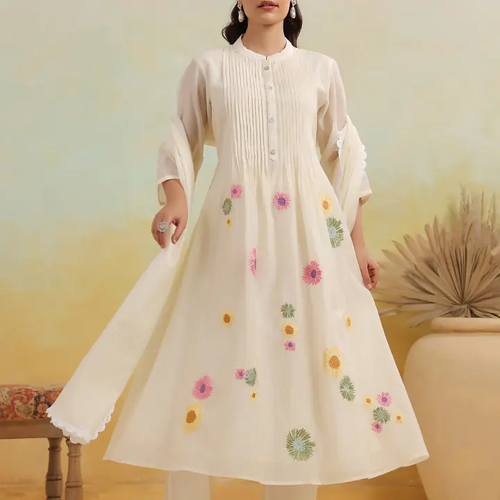MUL CHANDERI FLOWER EMBROIDERED SUIT SET - 38