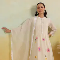 MUL CHANDERI FLOWER EMBROIDERED SUIT SET - 40