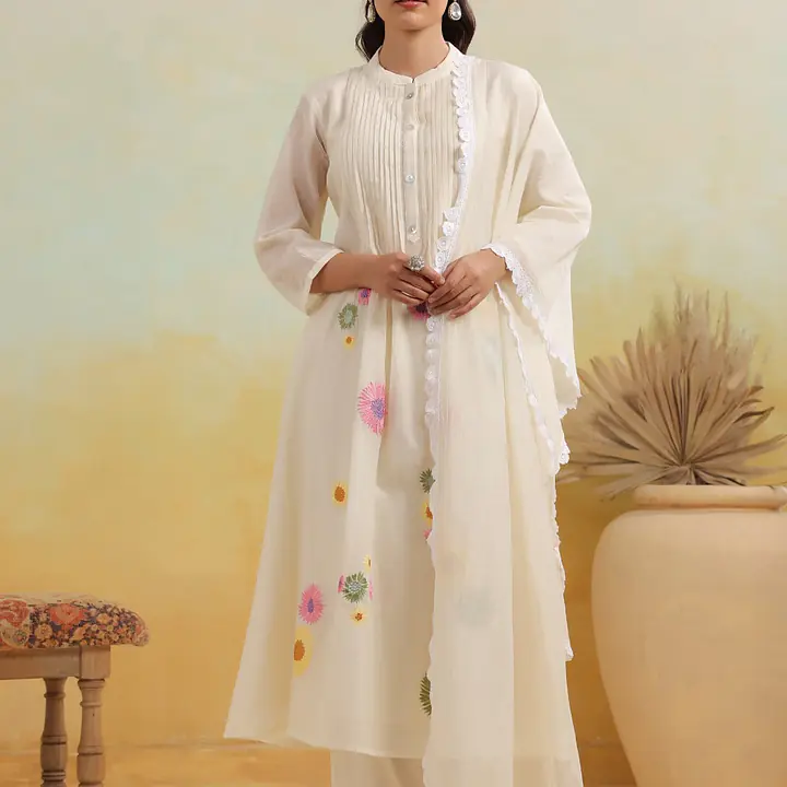 MUL CHANDERI FLOWER EMBROIDERED SUIT SET - 42