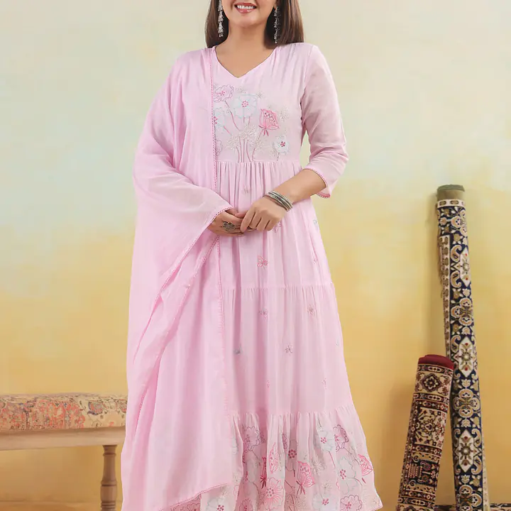 BEAUTIFUL EMBROIDERED MUL ANARKALI SUIT SET - white - 38