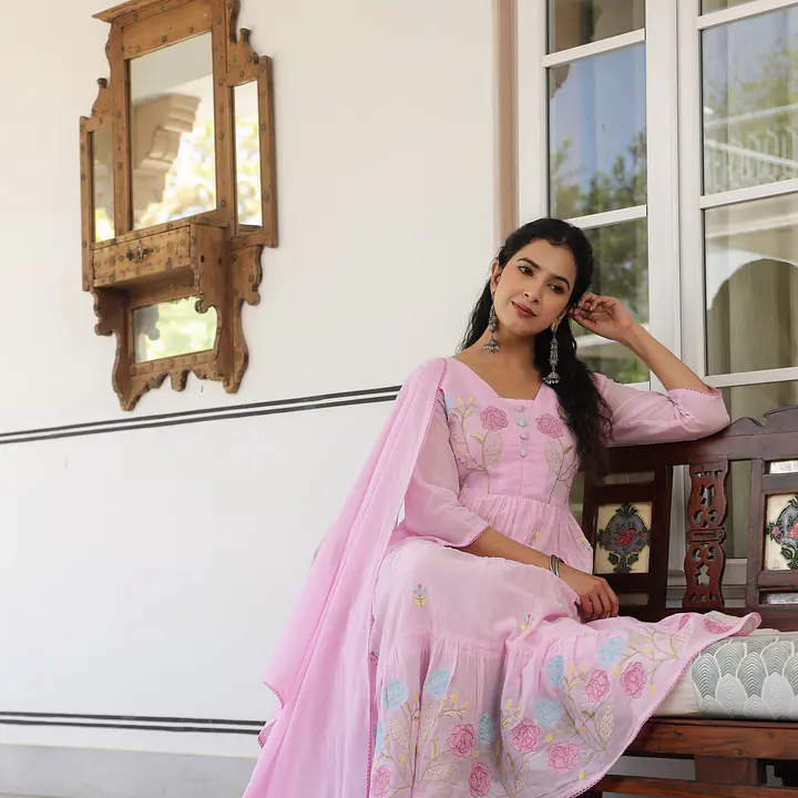 BEAUTIFUL EMBROIDERED MUL ANARKALI SUIT SET - pink-1 - 38