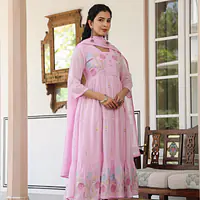 BEAUTIFUL EMBROIDERED MUL ANARKALI SUIT SET - white - 44