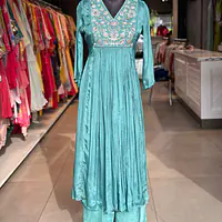 PURE CHINON HANDWORK SUIT - Dark firozi - 40