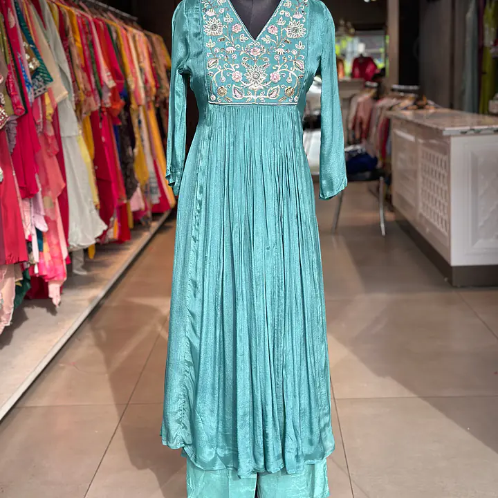 PURE CHINON HANDWORK SUIT - Dark firozi - 40