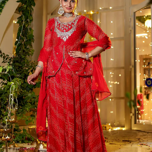 BHANDEJ SPECIAL HANDWORK SKIRT SET - Red - 38