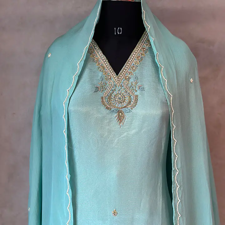 PURE ZARI TISSUE HANDWORK SUIT SET - BABY PINK - 46