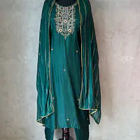 MODAL SILK HANDWORK SUIT SET FOR RAKHI - 46 - Dark Green