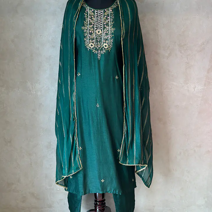 MODAL SILK HANDWORK SUIT SET FOR RAKHI - 46 - Dark Green