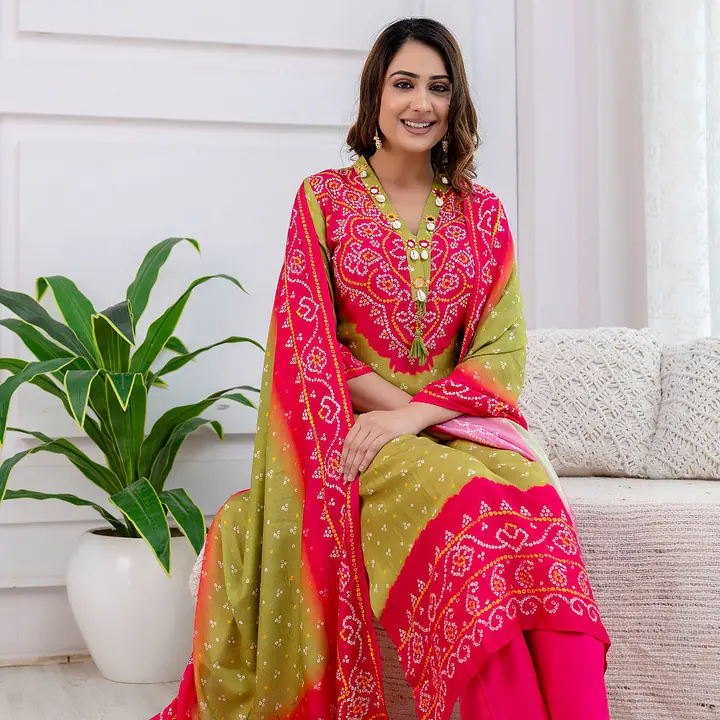 PURE MUSLIN BHANDEJ SUIT SET - 46