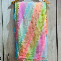 PURE CHIFFON HANDWORK LAHRIYA SAREE - Light Multicolour