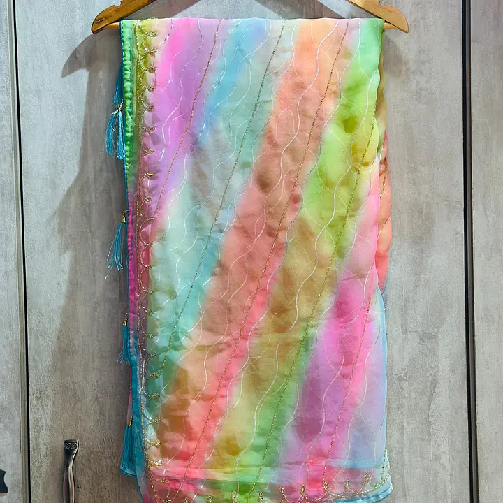 PURE CHIFFON HANDWORK LAHRIYA SAREE - Light Multicolour