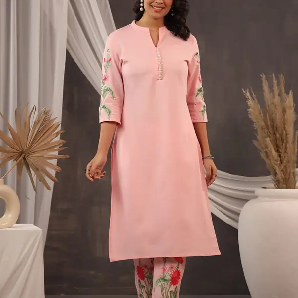 EMBROIDERED KURTA PANT SET - BLACK - 38