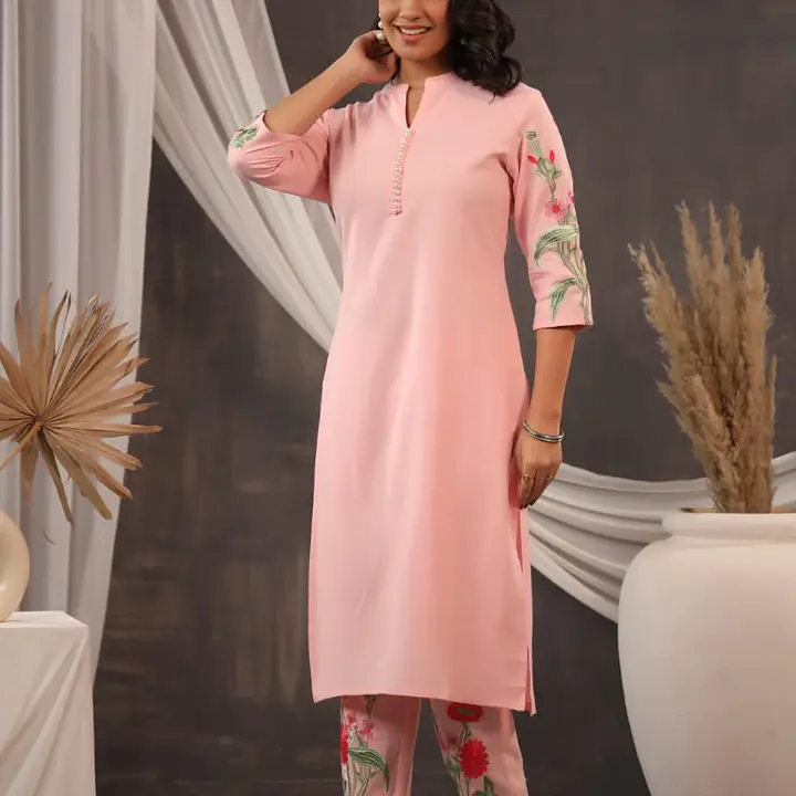 EMBROIDERED KURTA PANT SET - BLACK - 44