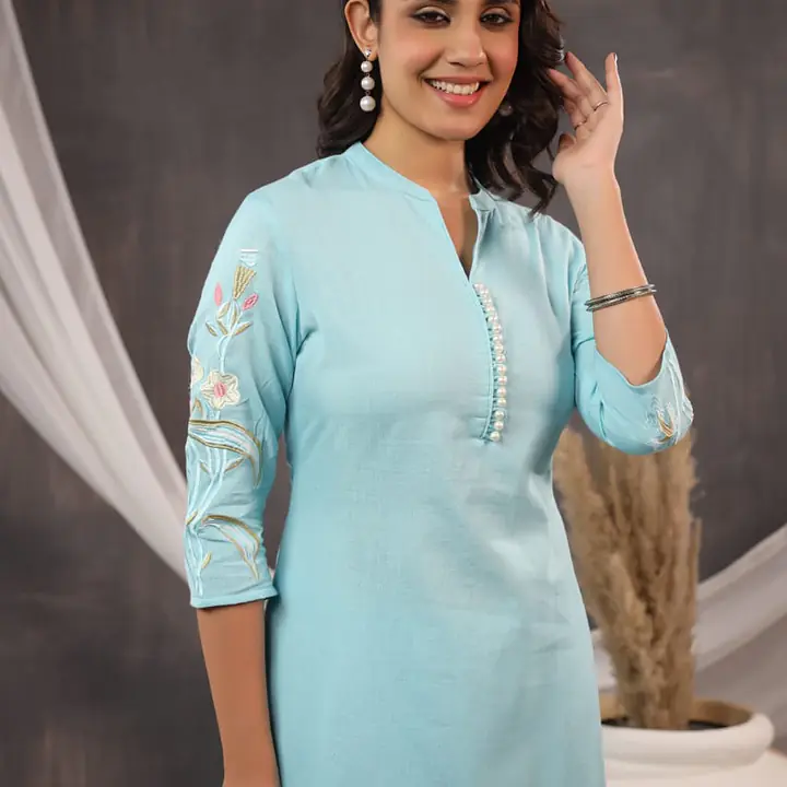 EMBROIDERED KURTA PANT SET - SKY BLUE - 38