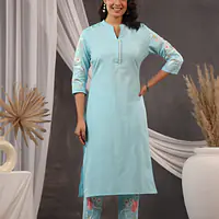 EMBROIDERED KURTA PANT SET - SKY BLUE - 40
