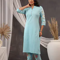 EMBROIDERED KURTA PANT SET - SKY BLUE - 46