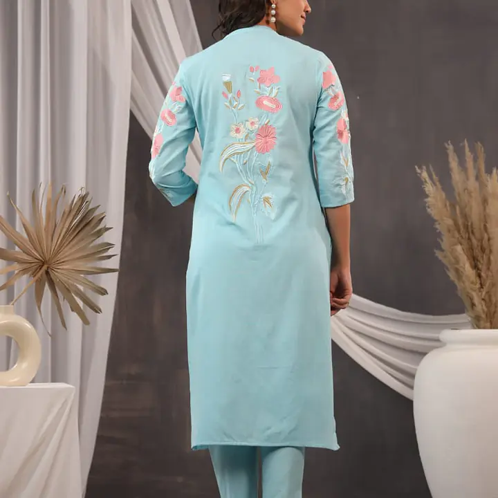 EMBROIDERED KURTA PANT SET - Lemon Yellow - 38
