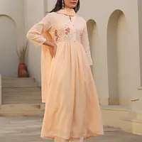 BEAUTIFUL EMBROIDERED MUL COTTON SUIT SET - Light orange - 38