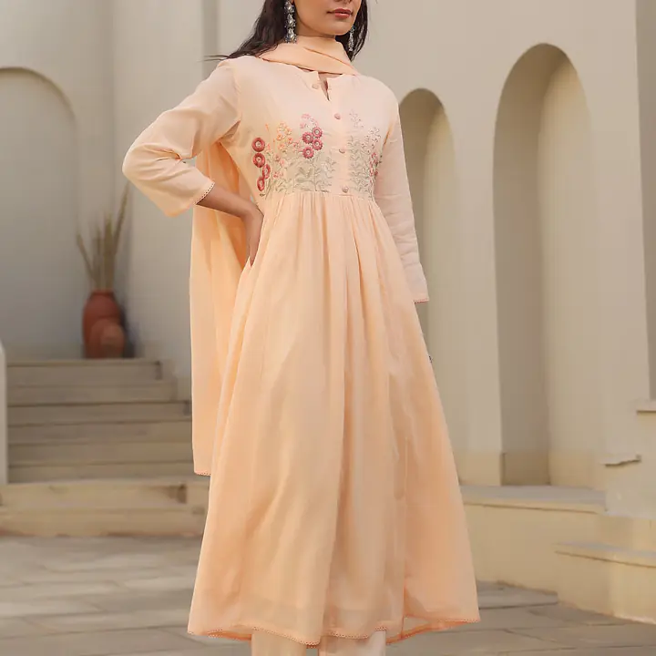 BEAUTIFUL EMBROIDERED MUL COTTON SUIT SET - Light orange - 38