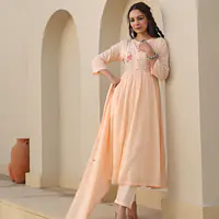 BEAUTIFUL EMBROIDERED MUL COTTON SUIT SET - Light orange - 44