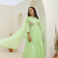 BEAUTIFUL EMBROIDERED MUL COTTON SUIT SET - Light green - 44