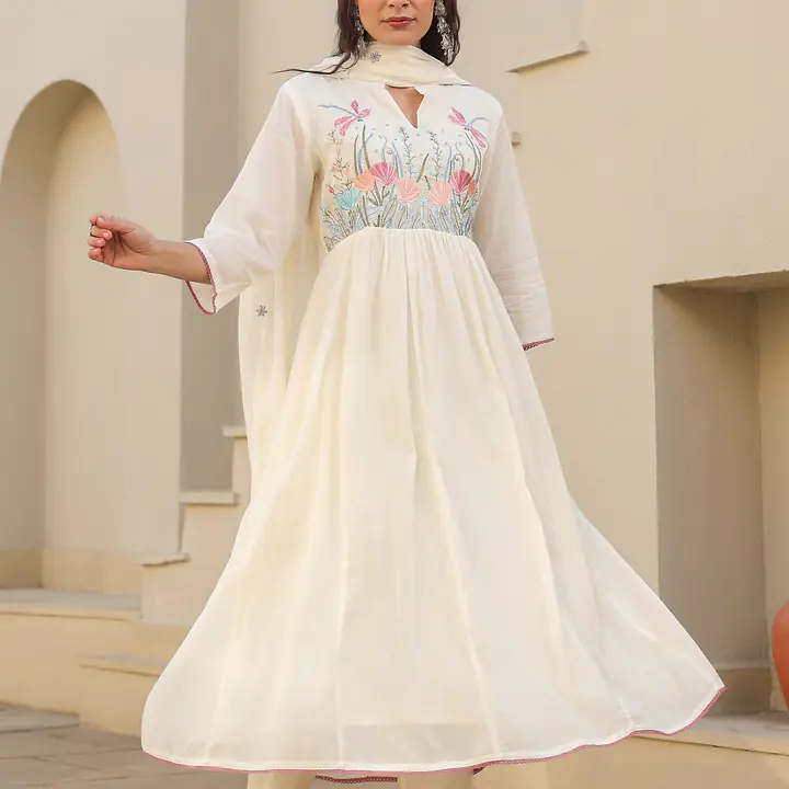 BEAUTIFUL EMBROIDERED MUL COTTON SUIT SET - White - 38