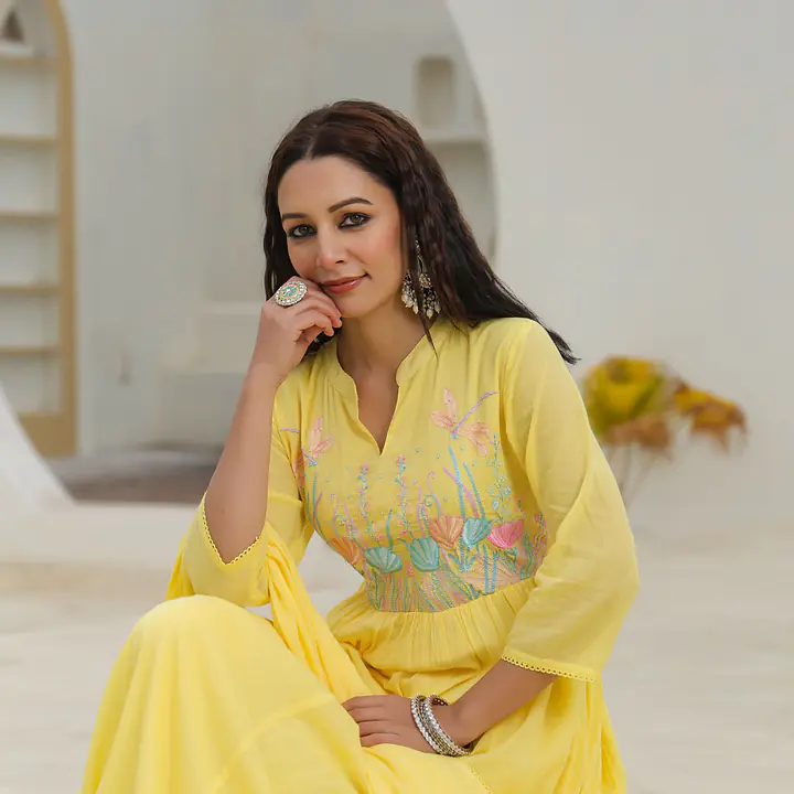 BEAUTIFUL EMBROIDERED MUL COTTON SUIT SET - Yellow - 42