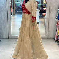 TRADITIONAL PURE ZARI TISSUE HANDWORK GOWN - Golden Brown - 38