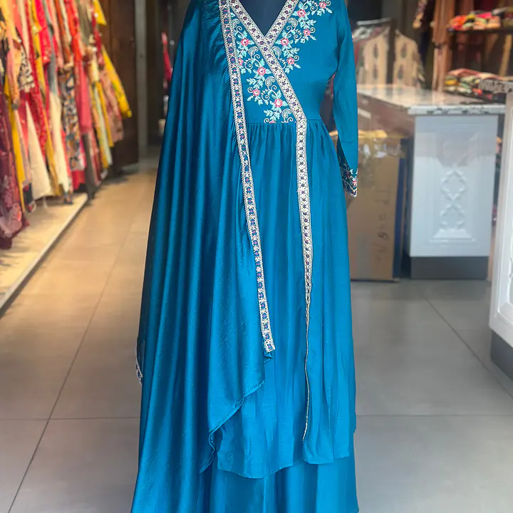 EMBROIDERED PLAZO SUIT SET - Peacock Blue - 44