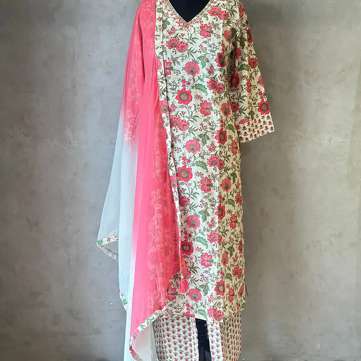 FLORAL THREE PIECE COTTON SUIT SET - 40