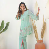 TRENDY EMBROIDERED CO-ORD SET - Sky Blue (PASTEL MINT GREEN) - 38