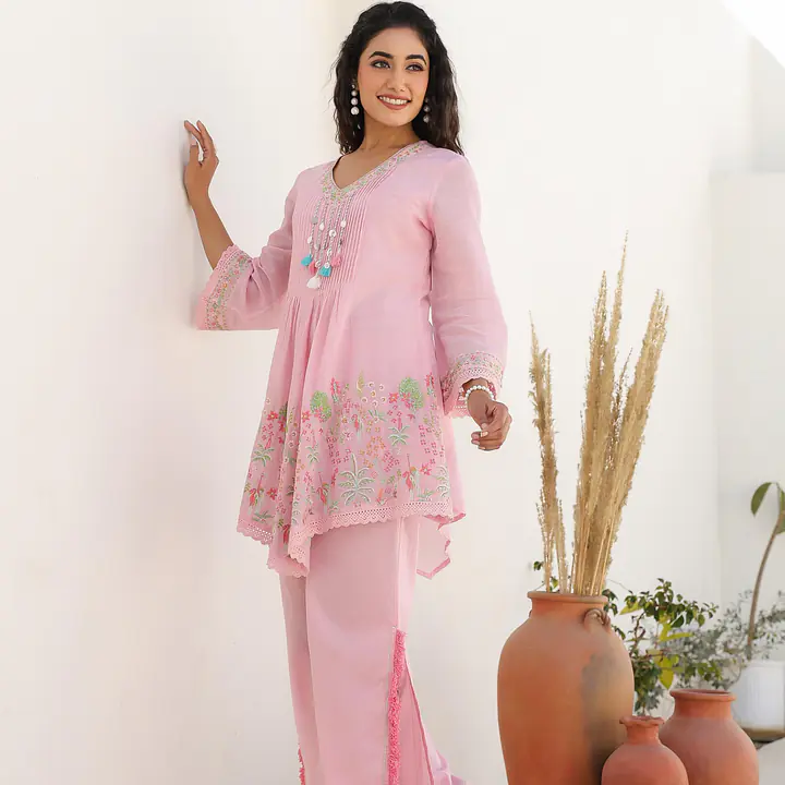 TRENDY EMBROIDERED CO-ORD SET - Baby Pink - 38
