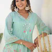 TRENDY EMBROIDERED CO-ORD SET - Sky Blue (PASTEL MINT GREEN) - 40