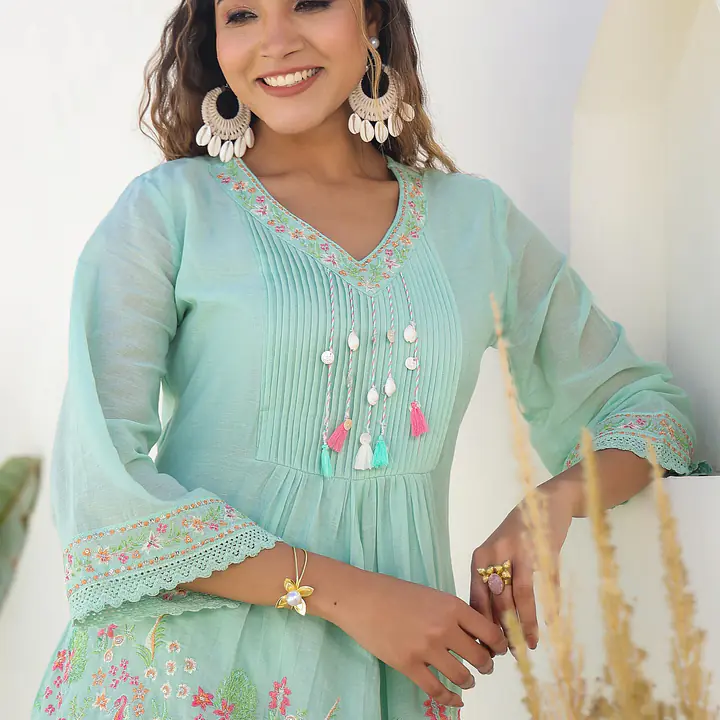 TRENDY EMBROIDERED CO-ORD SET - Sky Blue (PASTEL MINT GREEN) - 40