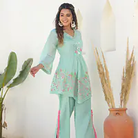TRENDY EMBROIDERED CO-ORD SET - Sky Blue (PASTEL MINT GREEN) - 44