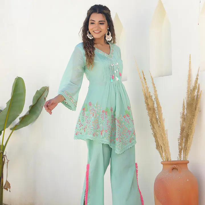 TRENDY EMBROIDERED CO-ORD SET - Sky Blue (PASTEL MINT GREEN) - 44