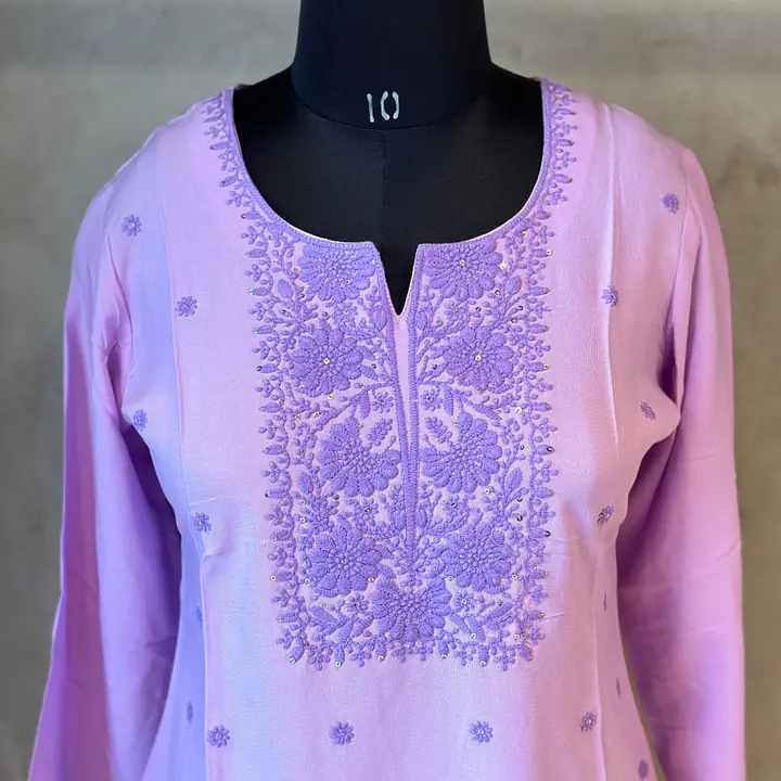 EMBROIDERED SHORT KURTI - ICE BLUE - 38