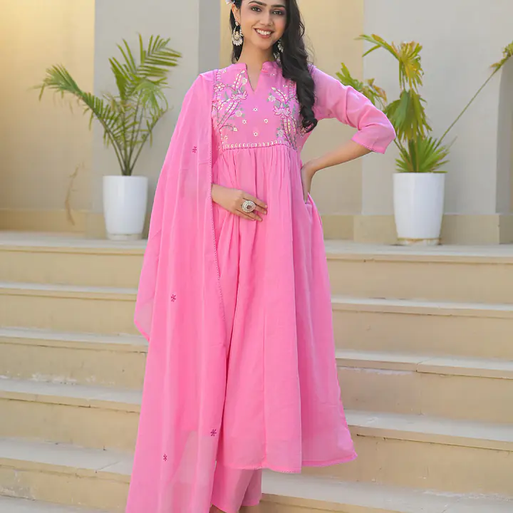 EMBROIDERED MUL COTTON SUIT SET - Pink - 38