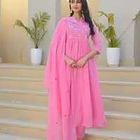 EMBROIDERED MUL COTTON SUIT SET - Pink - 44