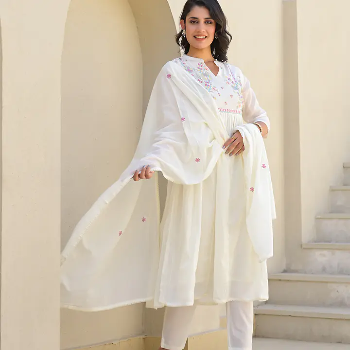 EMBROIDERED MUL COTTON SUIT SET - White - 42