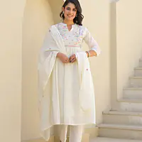 EMBROIDERED MUL COTTON SUIT SET - White - 44