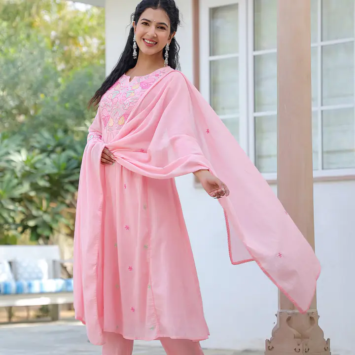 BEAUTIFUL HAND EMBROIDERED MUL COTTON SUIT SET - 44