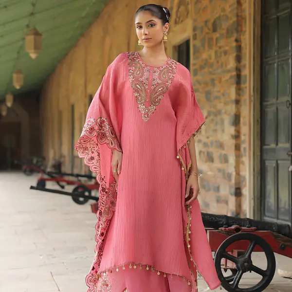 EMBROIDERED PURE ZARI TISSUE KAFTAN - 38 - OFF WHITE
