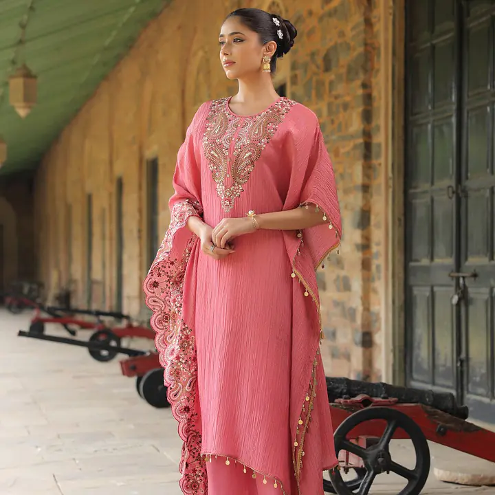 EMBROIDERED PURE ZARI TISSUE KAFTAN - 38 - LIGHT LAVENDER