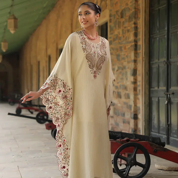 EMBROIDERED PURE ZARI TISSUE KAFTAN - 38 - FRENCH ROSE (PINKISH)