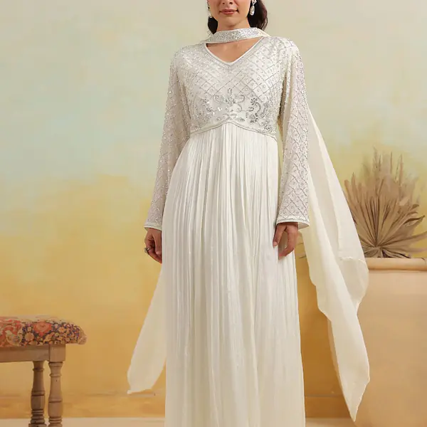 LONG ANARKALI IN HANDWORK - White - 38