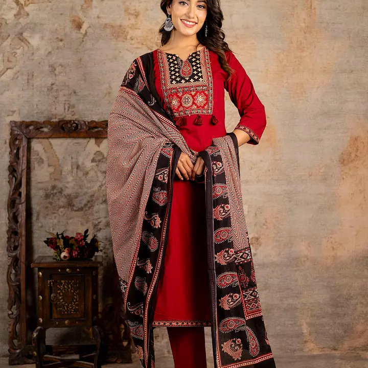 AJRAKH PRINT SUIT SET - Red - 38